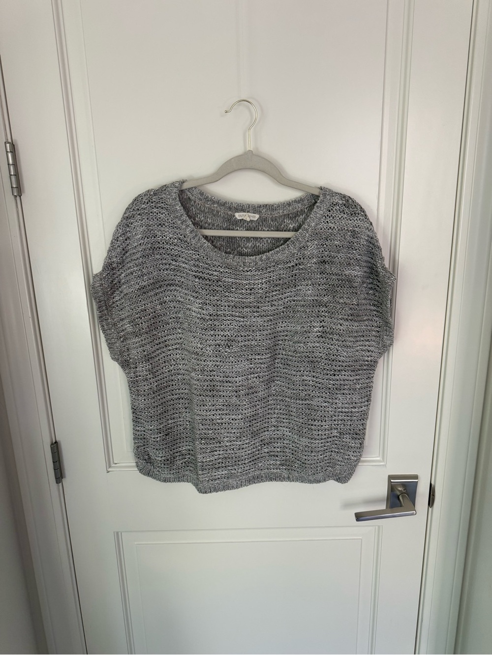 Eileen Fisher Gray Wonder Stitch Crochet Knit Cap Sleeve Sweater Top LARGE